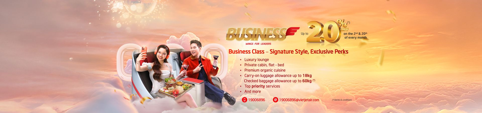 Wings for leaders privileges for Business class up to 20% off on the 2nd and 20th of every month